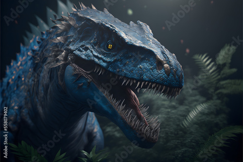potrait close up of a futuristic robot tyrannosaurus-rex predator carnivorous dinosaur in a jungel, 3D Carnivorous reptile, Prehistoric t-rex hunter, illustration digital generative ai design art  © Luc.Pro