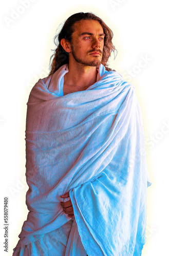 Obraz na płótnie Holy, handsome man in white robe looks like Jesus portrait on white background w salonie