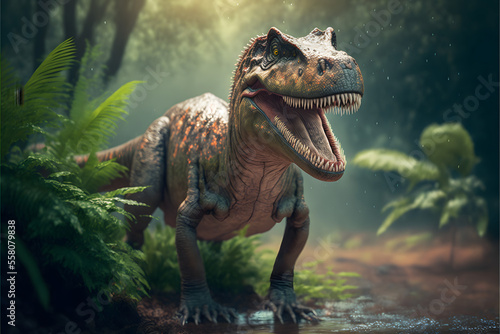 close up of a happy smiling predator carnivorous dinosaur in a jungel, 3D Carnivorous reptile, Prehistoric hunter, illustration digital generative ai design art style photo