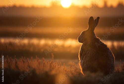 Rabbit silhouette in the rising sun created with Generative AI technology 