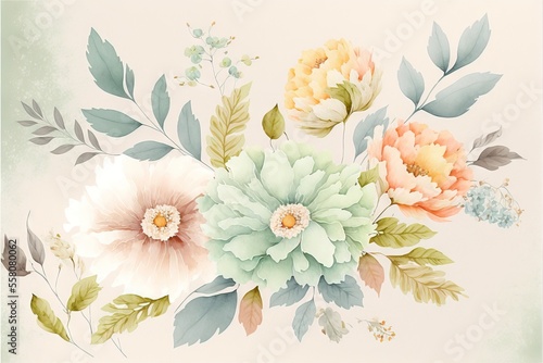 a bouquet of flowers on a white background with green leaves and flowers in pastel colors with a light green background and a light pink background with a light green border and a few blue.