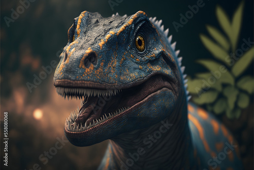 close up of a happy smiling predator carnivorous dinosaur in a jungel, 3D Carnivorous reptile, Prehistoric hunter, illustration digital generative ai design art style © Luc.Pro