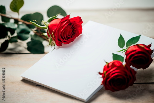 Beautiful rose paper card with gift card on wooden background . Generative AI