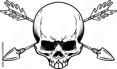 Skull with crossed arrows. Design element for poster, card, banner, emblem, sign. Vector illustration