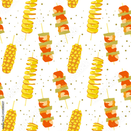 Korean street food seamless pattern. Gamja hotdog corndog, ddakkochi chicken skewers, tornado potato hweori gamja. Asian snacks on sticks.