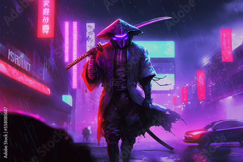 futuristic dark samurai standing on a side of a building in cyberpunk mega city at rainy night,  illustration digital generative ai design art style