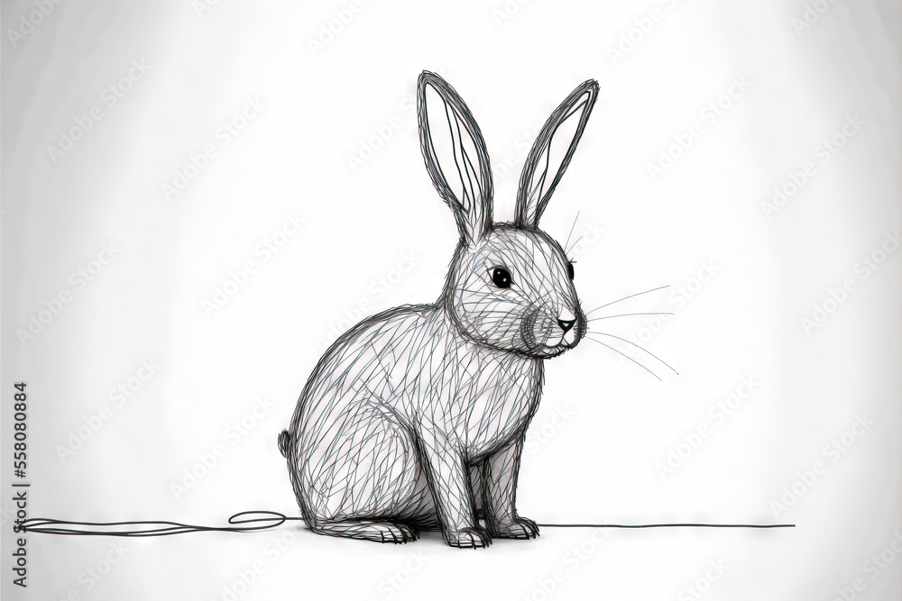 a drawing of a rabbit sitting on a white surface with a string attached ...