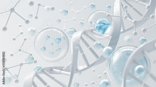 Cosmetic Essence, Liquid bubble, Molecule inside Liquid Bubble on DNA water splash background, 3d rendering