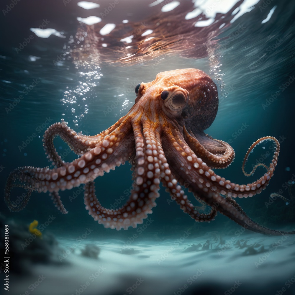 an octopus swimming in the ocean with its head above the water's ...