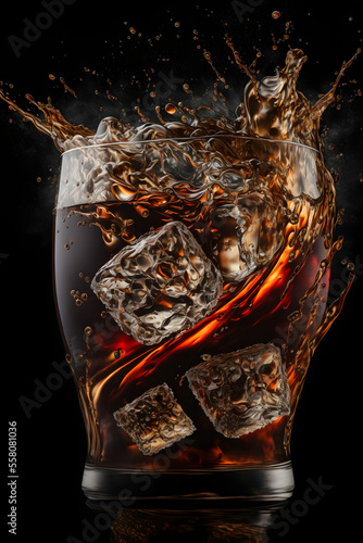 a glass of cola with ice cubes, in a cube, splash ,studio lighting photorealistic effects, refraction, caustics, dark background, illustration digital generative ai design art style