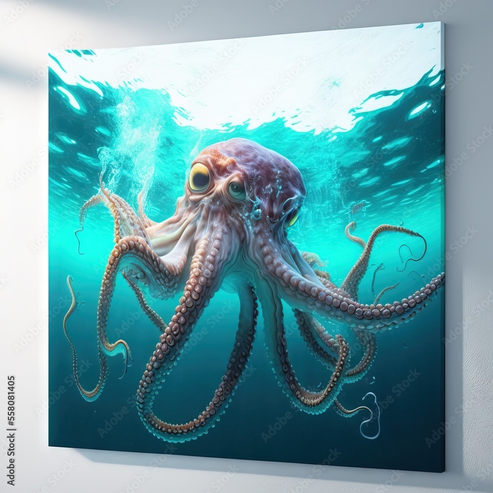 a painting of an octopus swimming in the ocean with a large eyeball in ...