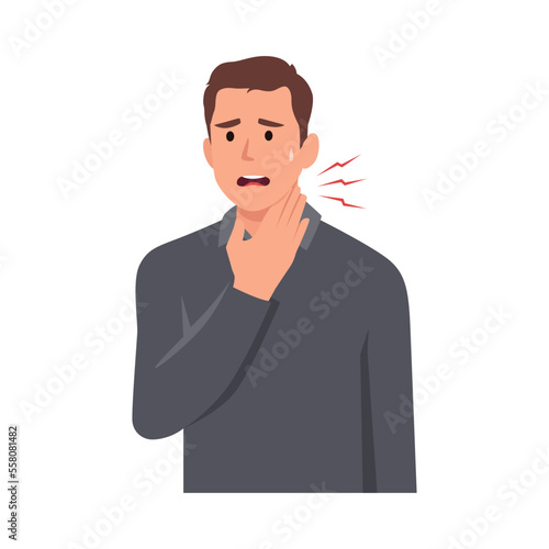 Young man painful Sore Throat. Pharyngitis and tonsillitis. Respiratory Illness, Virus Prevention. Flat vector illustration isolated on white background
