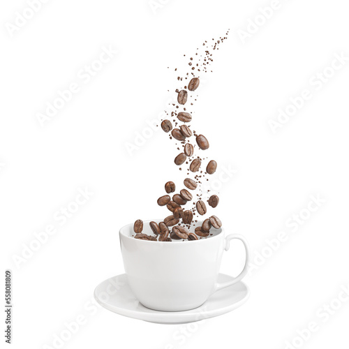 Coffee beans and coffee powder Fly out of a white cup, 3d illustration isolated on white