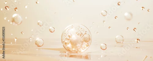 Obraz golden yellow Bubbles oil or collagen serum for cosmetic product, 3d rendering.