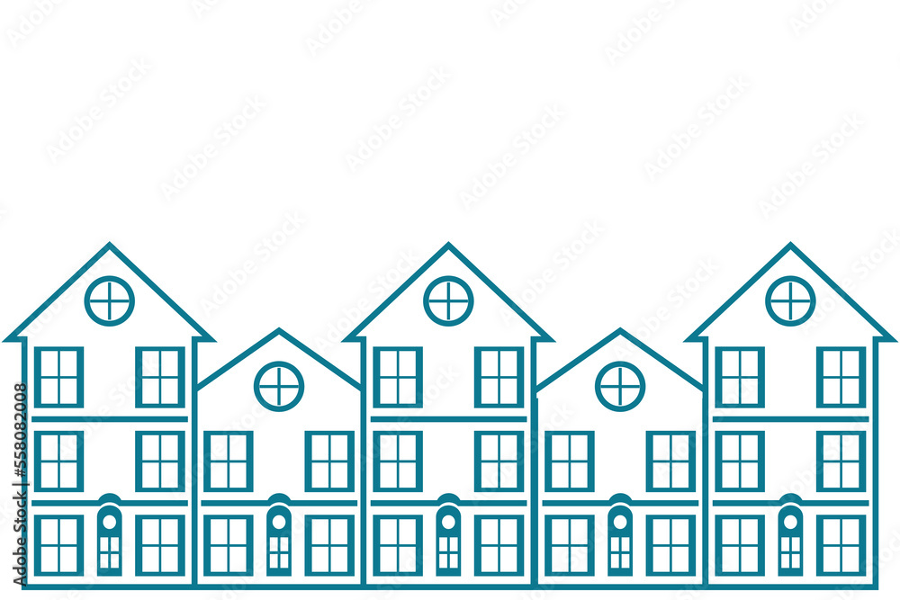 Rows of terraced houses next to each other quite closely. Illustration symbol of a densely populated settlement. Suitable for property design