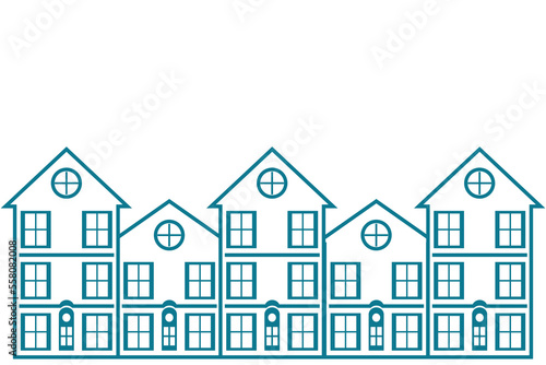 Rows of terraced houses next to each other quite closely. Illustration symbol of a densely populated settlement. Suitable for property design