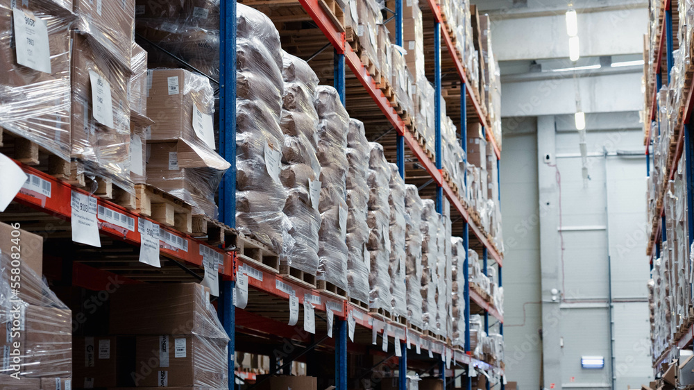 Logistic warehouse factory cardboards on shelf