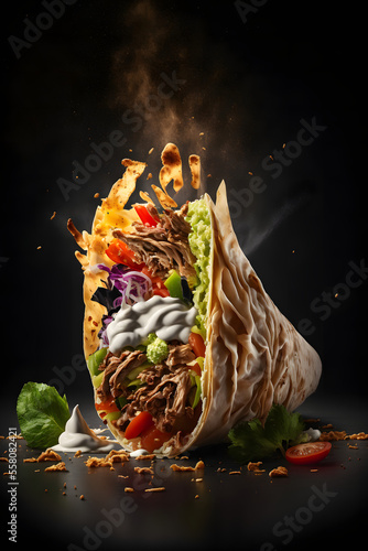 kebab wrap, product studio photo, dark black background, fresh salad tomato onion, illustration digital generative ai design art style