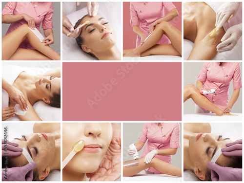 Beautician is removing hair from young and beautiful female armpits with hot wax. Woman has a beauty treament procedure. Depilation, epilation, skin and health care concepts. Set collage.