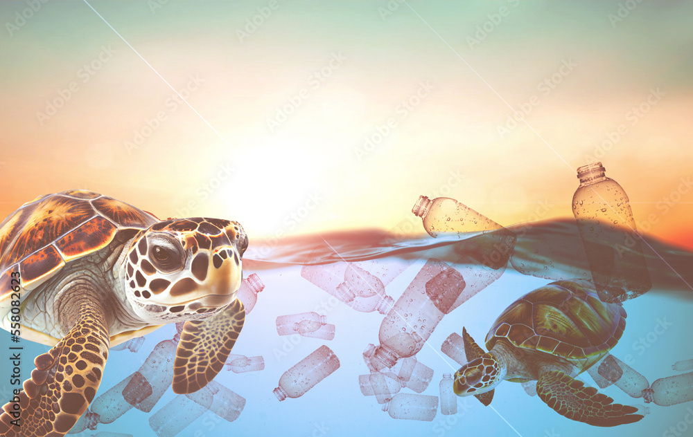 The world floats in water with only plastic waste.Plastic bottles float in the sea. Plastic