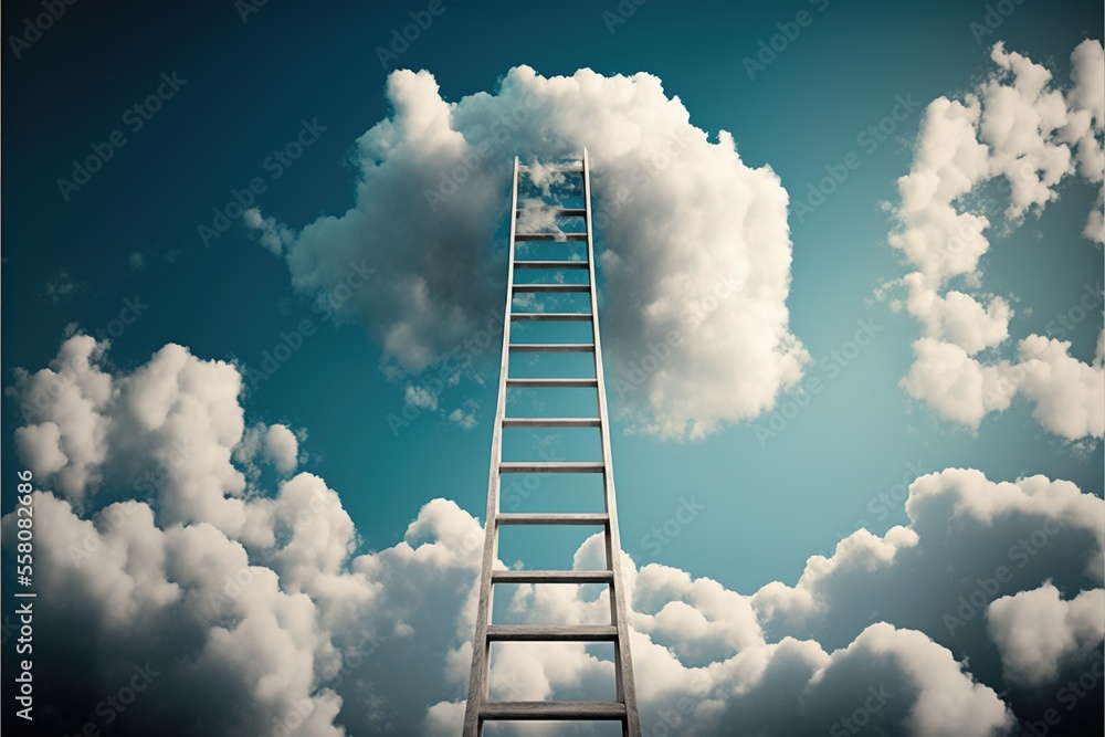 A ladder reaches the white cloud on the blue sky concept. Generative ai