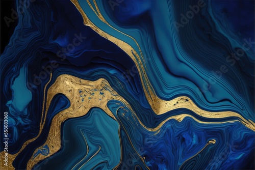 Blue agate texture with golden glitter veins abstract. Generative ai
