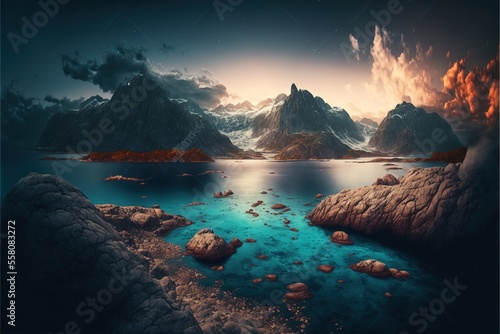 futuristic landscape with cliffs and water reflection. generative ai