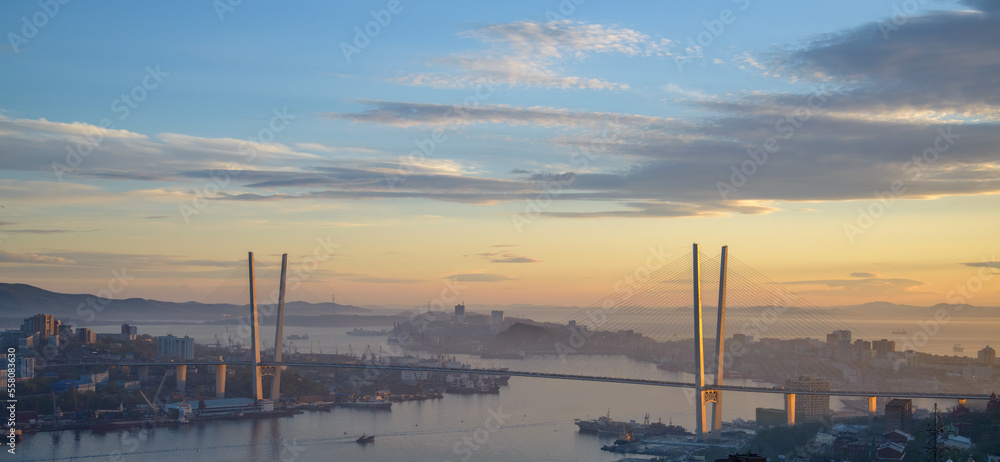 Vladivostok cityscape, sunset view. Panoramic view.