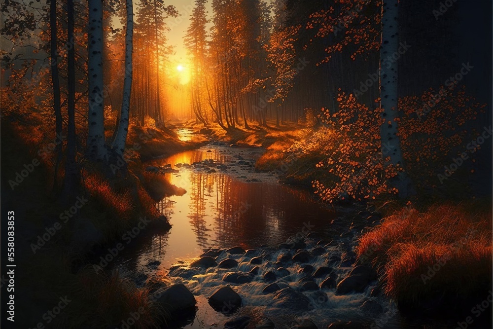 Obraz premium Autumn forest and forest stream on sunset. generative ai
