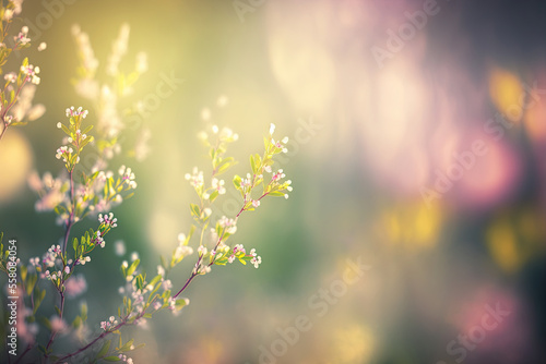 Abstract spring blurred background with flowers, leaves and branches created using Generative AI technology.