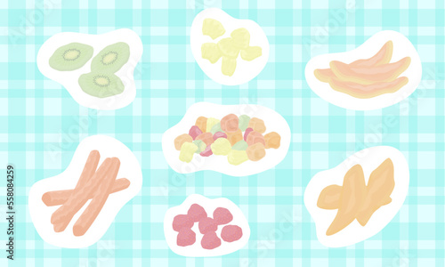 ドライフルーツのミックスと6種素材セット（水色チェック背景）SVGイラスト