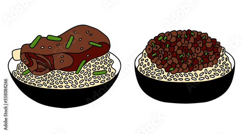 Bowls with kalbi and bulgogi. Vector illustration of korean food photo