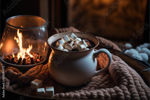a mug of hot chocolate with marshmallows on a blanket next to a fire pit with marshmallows.
