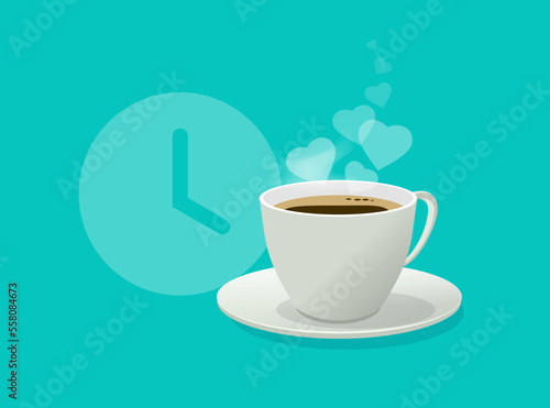 Coffee break time vector icon or breakfast tea cup mug morning with clock watch modern 3d illustration design, cafe restaurant poster idea, fun hot love hearts aroma as steam smoke drink graphic image