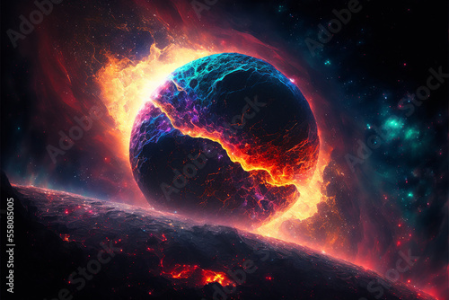 depth of field, a glorious galaxy rise from the surface of an ocean planet, abstract graphic design, wallpaper background