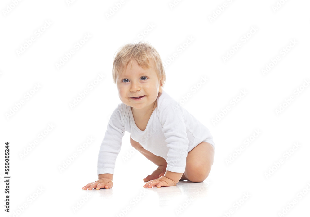 Little, happy and smiling cute baby in the studio. Portrait of a one year old baby. The concept of happiness. Little, happy and smiling cute baby in the studio. Portrait of a one year old baby. The concept of happiness.