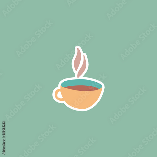 Cute cup of tea or coffee sticker - hot drink for interesting design. Vector illustration