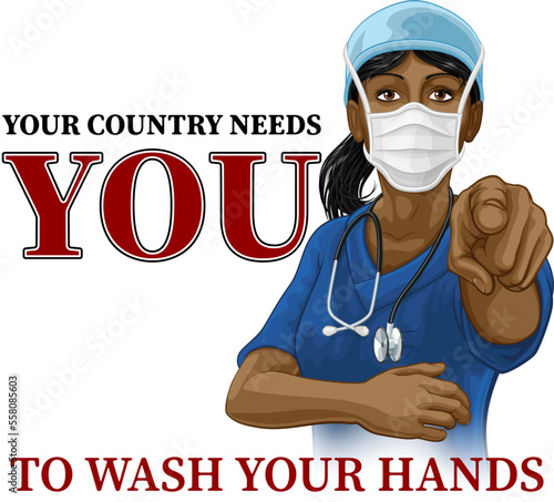 Photo A woman nurse or doctor in surgical or hospital scrubs and mask pointing in a your country needs or wants you gesture