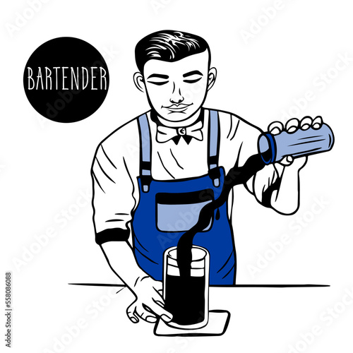 man, bartender in an apron makes cocktail, pours wine into glass at the bar. Barman in work. Profession serving people, service in restaurant.