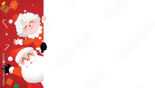 Santa Claus and Mrs Claus holding a blank signboard template vector illustration with gift boxes and snowflakes in background.