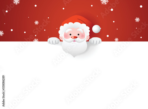 Santa claus holding a blank horizontal signboard template vector illustration with snowflakes in background.