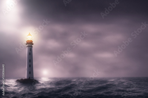 lighthouse in the middle of a storm at sea with rain dark and cloudy