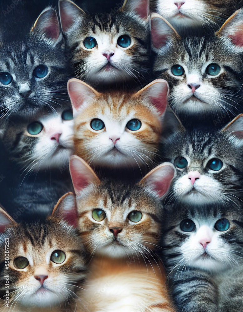 Many realistic cats in a pattern filling the shot, generative AI