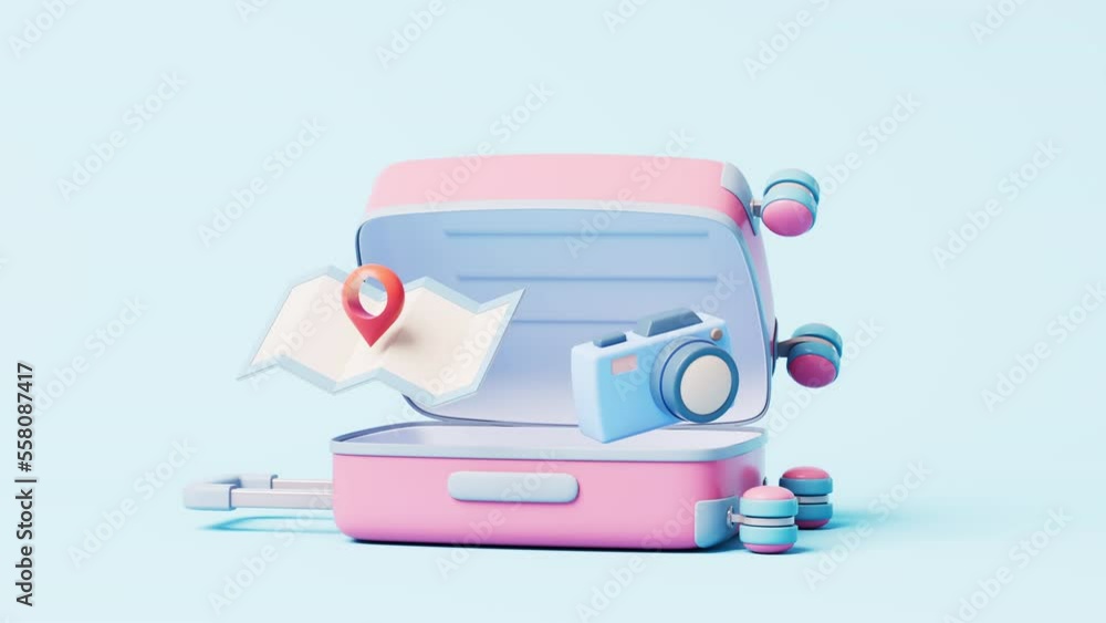 Loop animation of cartoon style luggage with travel theme, 3d rendering. Loop animation of cartoon style luggage with travel theme, 3d rendering.