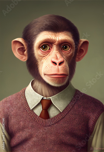 Portrait of monkey chimp in human clothing, work clothes, suit, muted, silly, fun, serious, austere, generative ai © Ricky