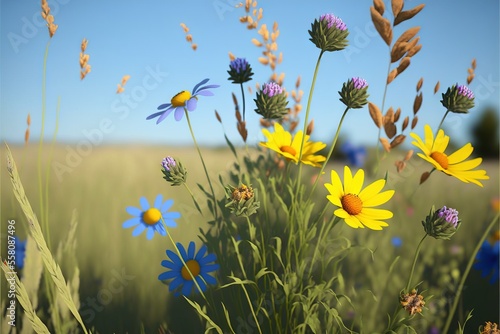 a field full of wildflowers with a blue sky in the background of the picture  with a few yellow flowers in the foreground  and a few blue flowers in the foreground.