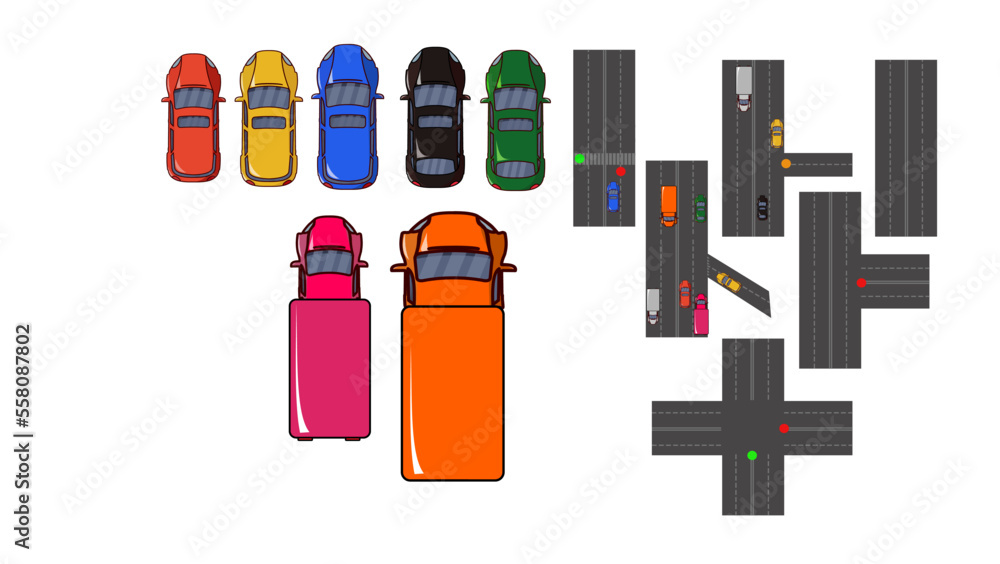 Top view on cars, jeep, sedan, minibus, road Top view on cars, jeep, sedan, minibus, road