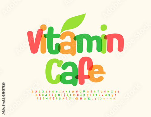 Vector colorful banner Vitamin Cafe with decorative Leaf. Bright artistic Font. Creative set of Alphabet Letters, Numbers and Symbols