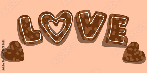 Letters love in the form of cookies with icing. Ginger cookies in the shape of letters with a contour of glaze. Background for printing a postcard with cookies