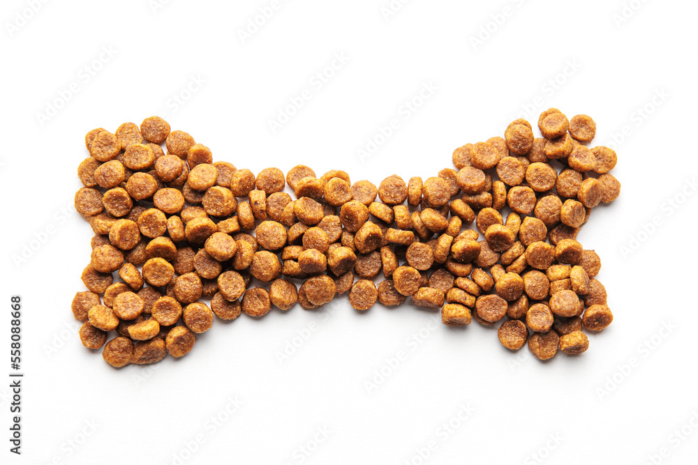 A bone shape consisting of dog food pellets on a white background.